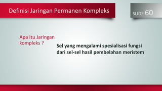 SLIDE 60
Sel yang mengalami spesialisasi fungsi
dari sel-sel hasil pembelahan meristem
Definisi Jaringan Permanen Kompleks
Apa Itu Jaringan
kompleks ?
 
