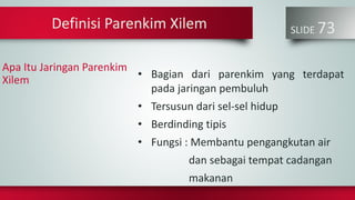 SLIDE 73
• Bagian dari parenkim yang terdapat
pada jaringan pembuluh
• Tersusun dari sel-sel hidup
• Berdinding tipis
• Fungsi : Membantu pengangkutan air
dan sebagai tempat cadangan
makanan
Definisi Parenkim Xilem
Apa Itu Jaringan Parenkim
Xilem
 