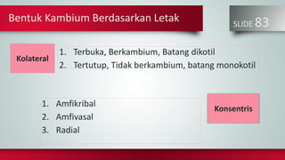 SLIDE 83
1. Amfikribal
2. Amfivasal
3. Radial
1. Terbuka, Berkambium, Batang dikotil
2. Tertutup, Tidak berkambium, batang monokotil
Kolateral
Konsentris
Bentuk Kambium Berdasarkan Letak
 