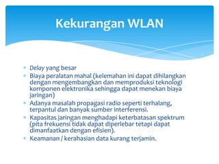 Kekurangan WLAN


Delay yang besar
Biaya peralatan mahal (kelemahan ini dapat dihilangkan
dengan mengembangkan dan memproduksi teknologi
komponen elektronika sehingga dapat menekan biaya
jaringan)
Adanya masalah propagasi radio seperti terhalang,
terpantul dan banyak sumber interferensi.
Kapasitas jaringan menghadapi keterbatasan spektrum
(pita frekuensi tidak dapat diperlebar tetapi dapat
dimanfaatkan dengan efisien).
Keamanan / kerahasian data kurang terjamin.
 