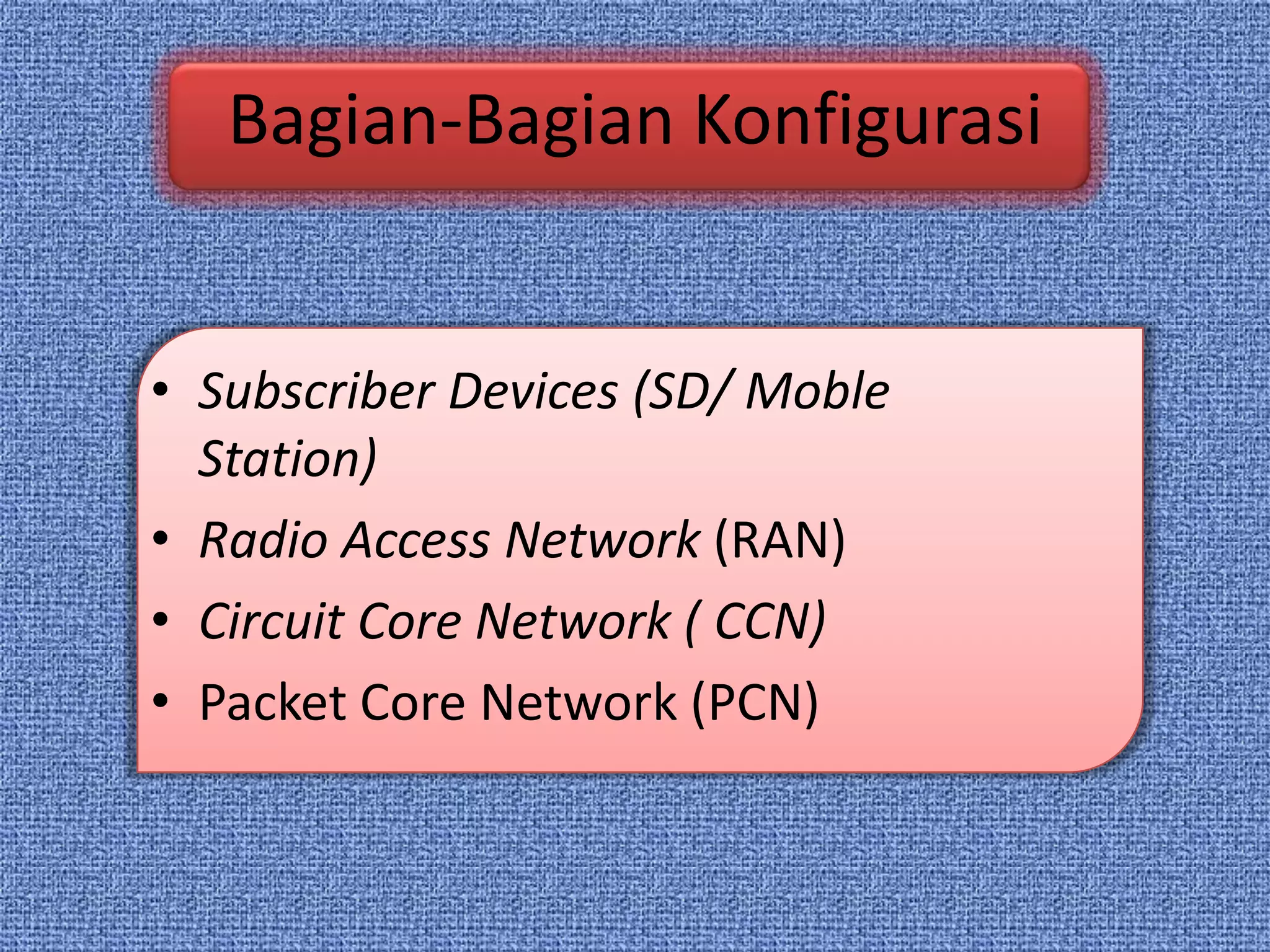Bagian-Bagian Konfigurasi


• Subscriber Devices (SD/ Moble
  Station)
• Radio Access Network (RAN)
• Circuit Core Network ( CCN)
• Packet Core Network (PCN)
 