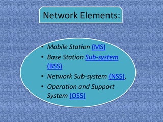 Network Elements:


• Mobile Station (MS)
• Base Station Sub-system
  (BSS)
• Network Sub-system (NSS),
• Operation and Support
  System (OSS)
 