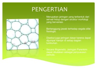 PENGERTIAN
• Merupakan jaringan yang terbentuk dari
sel-sel hidup dengan struktur morfologi
yang bervariasi.
• Bertanggung jawab terhadap segala sifat
fisiologis.
• Disebut juga jaringan dasar karena dapat
dijumpai hampir di setiap bagian
tumbuhan.
• Secara filogenetis, Jaringan Parenkim
dapat dikatakan sebagai penyususun
pemula.
 