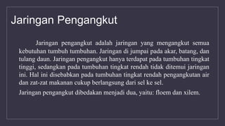 Jaringan Pengangkut
Jaringan pengangkut adalah jaringan yang mengangkut semua
kebutuhan tumbuh tumbuhan. Jaringan di jumpai pada akar, batang, dan
tulang daun. Jaringan pengangkut hanya terdapat pada tumbuhan tingkat
tinggi, sedangkan pada tumbuhan tingkat rendah tidak ditemui jaringan
ini. Hal ini disebabkan pada tumbuhan tingkat rendah pengangkutan air
dan zat-zat makanan cukup berlangsung dari sel ke sel.
Jaringan pengangkut dibedakan menjadi dua, yaitu: floem dan xilem.
 