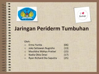 Jaringan Periderm Tumbuhan
Oleh:
o Erma Yunita (06)
o Joko Setiawan Nugroho (13)
o Maulidna Wahyu Pratiwi (15)
o Nadia Okta Dewi (17)
o Ryan Richard Eka Saputra (25)
 