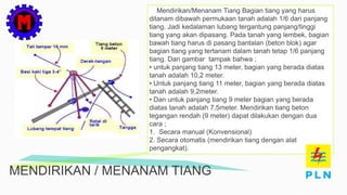 MENDIRIKAN / MENANAM TIANG
Mendirikan/Menanam Tiang Bagian tiang yang harus
ditanam dibawah permukaan tanah adalah 1/6 dari panjang
tiang. Jadi kedalaman lubang tergantung panjang/tinggi
tiang yang akan dipasang. Pada tanah yang lembek, bagian
bawah tiang harus di pasang bantalan (beton blok) agar
bagian tiang yang tertanam dalam tanah tetap 1/6 panjang
tiang. Dari gambar tampak bahwa ;
• untuk panjang tiang 13 meter, bagian yang berada diatas
tanah adalah 10,2 meter.
• Untuk panjang tiang 11 meter, bagian yang berada diatas
tanah adalah 9,2meter.
• Dan untuk panjang tiang 9 meter bagian yang berada
diatas tanah adalah 7,5meter. Mendirikan tiang beton
tegangan rendah (9 meter) dapat dilakukan dengan dua
cara ;
1. Secara manual (Konvensional)
2. Secara otomatis (mendirikan tiang dengan alat
pengangkat).
 