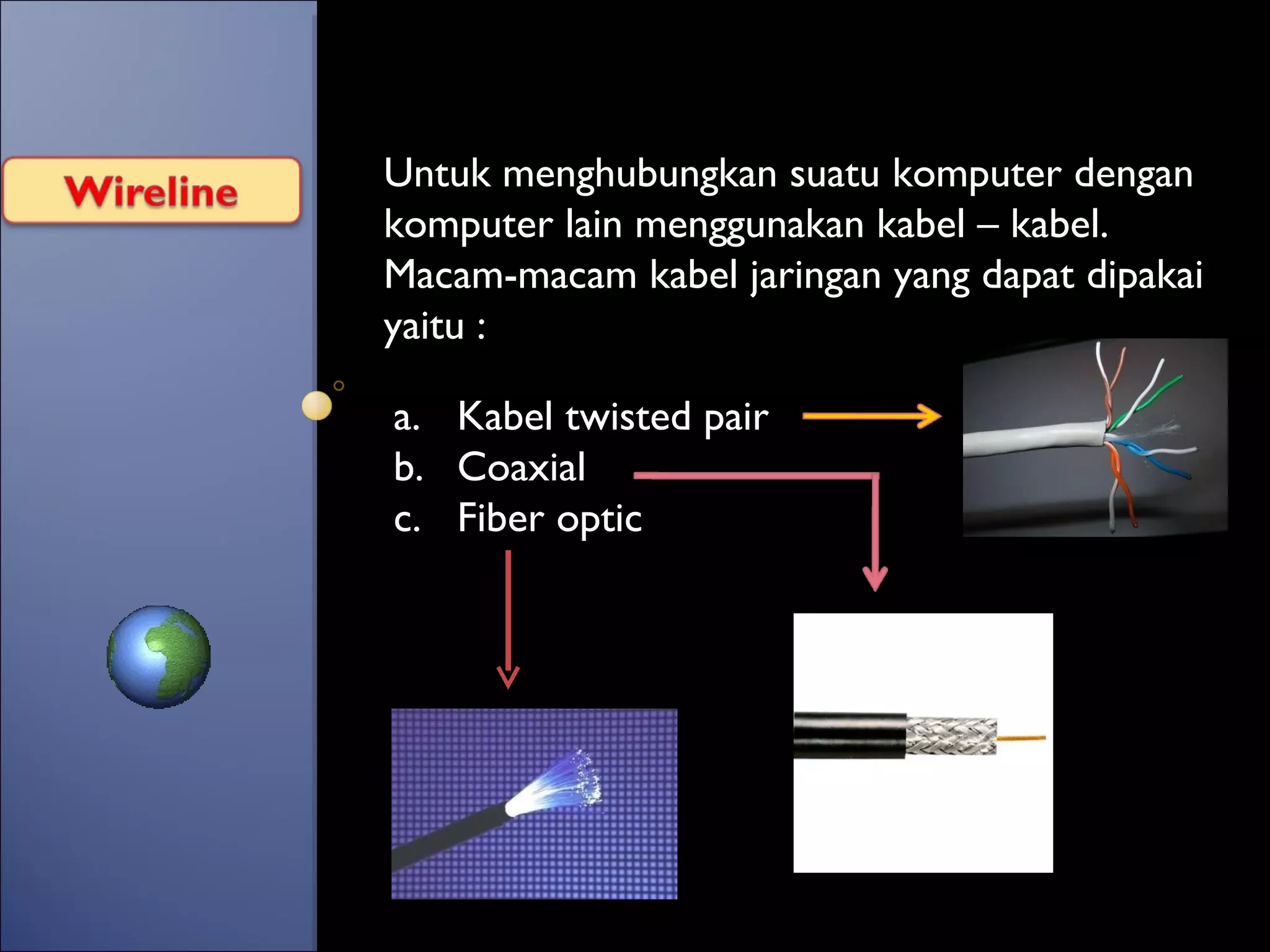 Untuk menghubungkan suatu komputer dengan komputer lain menggunakan kabel – kabel. Macam-macam kabel jaringan yang dapat dipakai yaitu : Kabel twisted pair Coaxial Fiber optic 