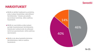 HARJOITUKSET
46%
40%
14%
Meillä on johdon hyväksymä suunnitelma,
jonka mukaan harjoitellaan säännöllisesti
häiriötilanteita. Tulosten perusteella
parannetaan toimintaa. Johto osallistuu
harjoituksiin.
Meillä on suunnitelma, jonka mukaan
pyritään harjoittelemaan häiriötilanteita.
Harjoitusten tulokset eivät ole johtaneet
toiminnan parantamiseen. Johto osallistuu
satunnaisesti.
Meillä ei ole aikaa harjoitella toimintaa
häiriötilanteissa. Johto ei osallistu
harjoituksiin.
N=35
 