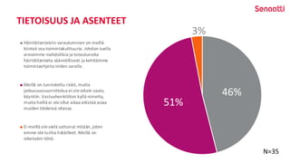 TIETOISUUS JA ASENTEET
46%
51%
3%
Häiriötilanteisiin varautuminen on meillä
kiinteä osa toimintakulttuuria. Johdon tuella
arvioimme mahdollisia ja toteutuneita
häiriötilanteita säännöllisesti ja kehitämme
toimintaohjeita niiden varalle.
Meillä on tunnistettu riskit, mutta
jatkuvuussuunnittelua ei ole oikein saatu
käyntiin. Vastuuhenkilöton kyllä nimetty,
mutta heillä ei ole ollut aikaa edistää asiaa
muiden töidensä ohessa.
Ei meillä ole vielä sattunut mitään, joten
emme ole turhia hätäilleet. Meillä on
oikeitakin töitä.
N=35
 