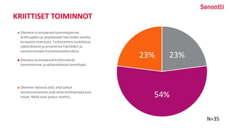 KRIITTISET TOIMINNOT
23%
54%
23%
Olemme tunnistaneet toimintojamme
kriittisyyden ja järjestäneet häiriöiden varalta
korvaavia toimijoita. Tarkistamme luokittelua
säännöllisesti ja arvioimme häiriöiden ja
varautumistyön kustannusvaikutuksia.
Olemme tunnistaneet kriittisimmät
toimintomme ja vaihtoehtoiset toimittajat.
Olemme tietoisia siitä, että jotkut
toiminnoistamme ovat ehkä kriittisempiä kuin
toiset. Näitä voisi joskus miettiä…
N=35
 
