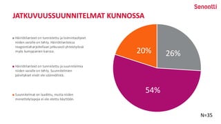 JATKUVUUSSUUNNITELMAT KUNNOSSA
26%
54%
20%
Häiriötilanteet on tunnistettu ja toimintaohjeet
niiden varalle on tehty. Häiriötilanteissa
reagointiaharjoitellaan jatkuvasti yhteistyössä
myös kumppanien kanssa.
Häiriötilanteet on tunnistettu ja suunnitelmia
niiden varalle on tehty. Suunnitelmien
päivitykset eivät ole säännöllistä.
Suunnitelmat on laadittu, mutta niiden
menettelytapoja ei ole otettu käyttöön.
N=35
 