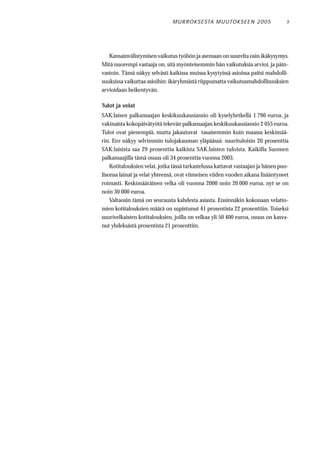 M U R RO KS E STA M U UTO KS E E N 2 0 0 5         9




   Kansainvälistymisen vaikutus työhön ja asemaan on suurelta osin ikäkysymys.
Mitä nuorempi vastaaja on, sitä myönteisemmin hän vaikutuksia arvioi, ja päin-
vastoin. Tämä näkyy selvästi kaikissa muissa kysytyissä asioissa paitsi mahdolli-
suuksissa vaikuttaa asioihin: ikäryhmästä riippumatta vaikutusmahdollisuuksien
arvioidaan heikentyvän.

Tulot ja velat
SAK:laisen palkansaajan keskikuukausiansio oli kyselyhetkellä 1 790 euroa, ja
vakinaista kokopäivätyötä tekevän palkansaajan keskikuukausiansio 2 055 euroa.
Tulot ovat pienempiä, mutta jakautuvat tasaisemmin kuin maassa keskimää-
rin. Ero näkyy selvimmin tulojakauman yläpäässä: suurituloisin 20 prosenttia
SAK:laisista saa 29 prosenttia kaikista SAK:laisten tuloista. Kaikilla Suomen
palkansaajilla tämä osuus oli 34 prosenttia vuonna 2003.
    Kotitalouksien velat, jotka tässä tarkastelussa kattavat vastaajan ja hänen puo-
lisonsa lainat ja velat yhteensä, ovat viimeisen viiden vuoden aikana lisääntyneet
roimasti. Keskimääräinen velka oli vuonna 2000 noin 20 000 euroa, nyt se on
noin 30 000 euroa.
    Valtaosin tämä on seurausta kahdesta asiasta. Ensinnäkin kokonaan velatto-
mien kotitalouksien määrä on supistunut 41 prosentista 22 prosenttiin. Toiseksi
suurivelkaisten kotitalouksien, joilla on velkaa yli 50 400 euroa, osuus on kasva-
nut yhdeksästä prosentista 21 prosenttiin.
 