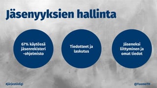 Jäsenyyksien hallinta
#järjestödigi @TuomoTH
Tiedotteet ja
laskutus
Jäseneksi
liittyminen ja
omat tiedot
67% käytössä
jäsenrekisteri
-ohjelmisto
 