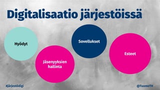 Jäsenyyksien
hallinta
Hyödyt
Esteet
#järjestödigi
Digitalisaatio järjestöissä
Sovellukset
@TuomoTH
 