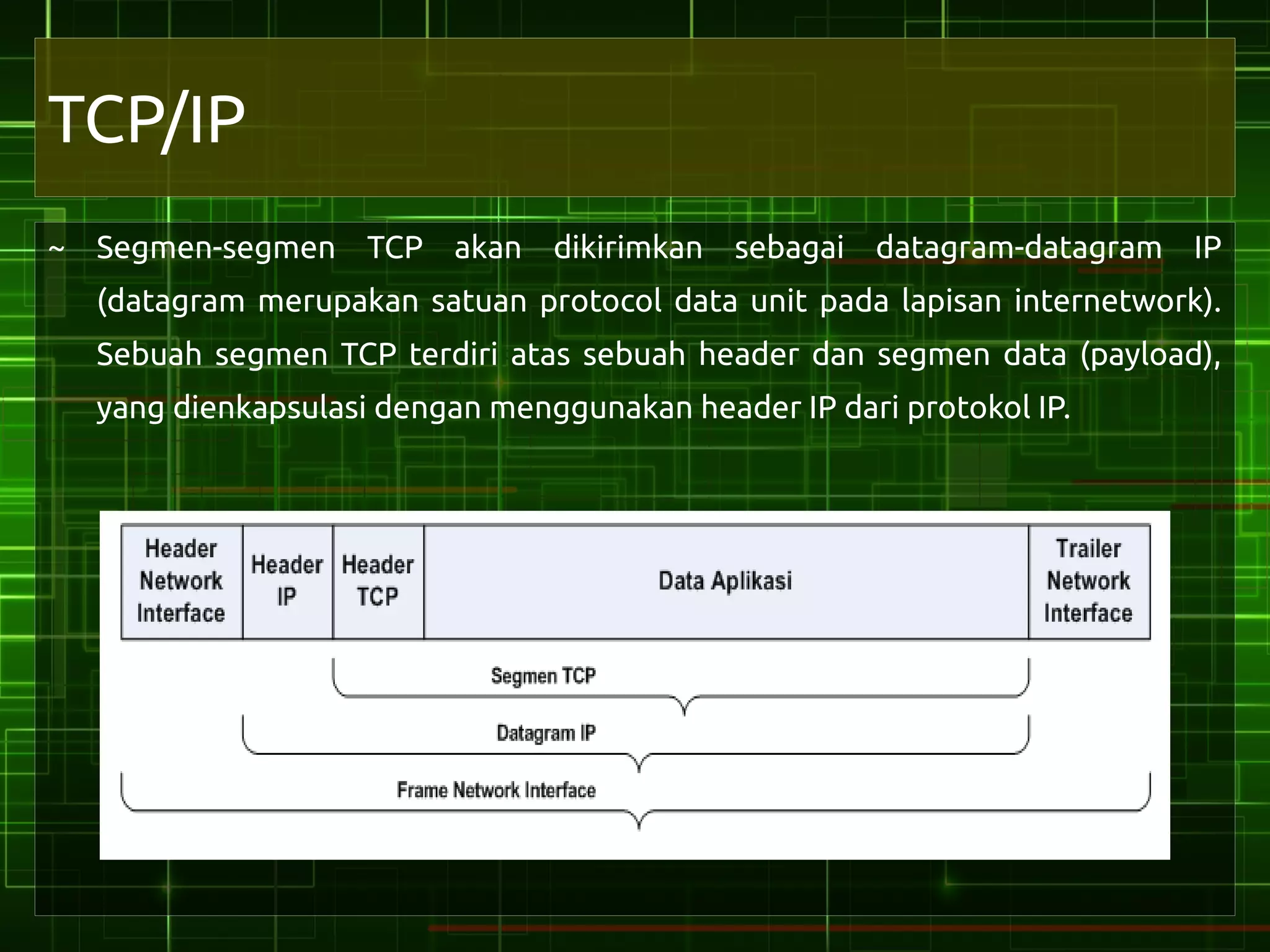 TCP/IP
~ Segmen-segmen TCP akan dikirimkan sebagai datagram-datagram IP
  (datagram merupakan satuan protocol data unit pada lapisan internetwork).
  Sebuah segmen TCP terdiri atas sebuah header dan segmen data (payload),
  yang dienkapsulasi dengan menggunakan header IP dari protokol IP.
 