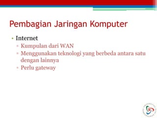 Pembagian Jaringan Komputer
• Internet
▫ Kumpulan dari WAN
▫ Menggunakan teknologi yang berbeda antara satu
dengan lainnya
▫ Perlu gateway
 