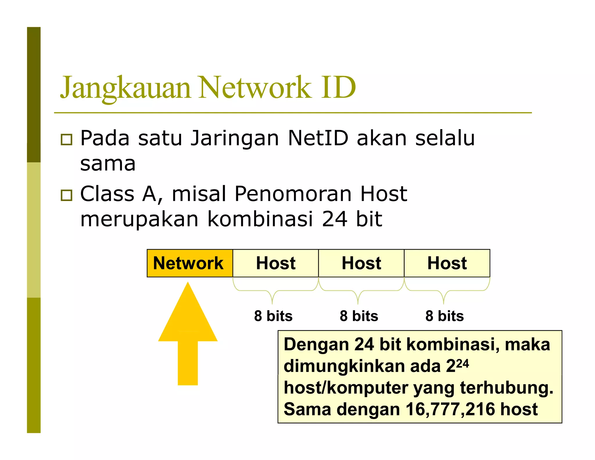 Jangkauan Network ID
 Pada satu Jaringan NetID akan selalu
sama
 Class A, misal Penomoran Host
merupakan kombinasi 24 bit
Network Host Host Host
16
8 bits 8 bits 8 bits
Dengan 24 bit kombinasi, maka
dimungkinkan ada 224
host/komputer yang terhubung.
Sama dengan 16,777,216 host
 