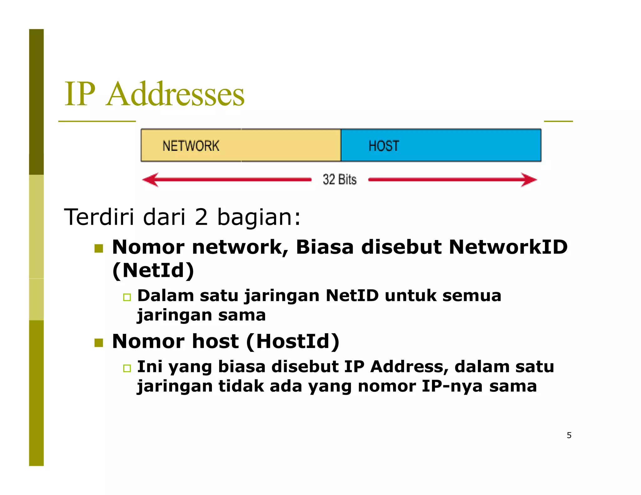 IP Addresses
Terdiri dari 2 bagian:
 Nomor network, Biasa disebut NetworkID
(NetId)
 Dalam satu jaringan NetID untuk semua
jaringan sama
 Nomor host (HostId)
 Ini yang biasa disebut IP Address, dalam satu
jaringan tidak ada yang nomor IP-nya sama
5
 