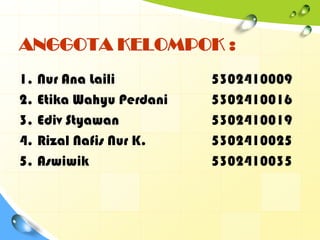 ANGGOTA KELOMPOK :
1.   Nur Ana Laili         5302410009
2.   Etika Wahyu Perdani   5302410016
3.   Ediv Styawan          5302410019
4.   Rizal Nafis Nur K.    5302410025
5.   Aswiwik               5302410035
 