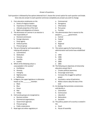 2023 Civic Education question Paper NECO | DOCX