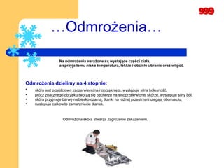 … Odmrożenia… Na odmrożenia narażone są wystające części ciała,  a sprzyja temu niska temperatura, lekkie i obcisłe ubranie oraz wilgoć . Odmrożenia dzielimy na 4 stopnie: skóra jest przejściowo zaczerwieniona i obrzęknięta, występuje silna bolesność,   prócz znacznego obrzęku tworzą się pęcherze na sinoprzekrwionej skórze, występuje silny ból,   skóra przyjmuje barwę niebiesko-czarną, tkanki na różnej przestrzeni ulegają obumarciu,   następuje całkowite zamarznięcie tkanek.  Odmrożona skóra stwarza zagrożenie zakażeniem.   