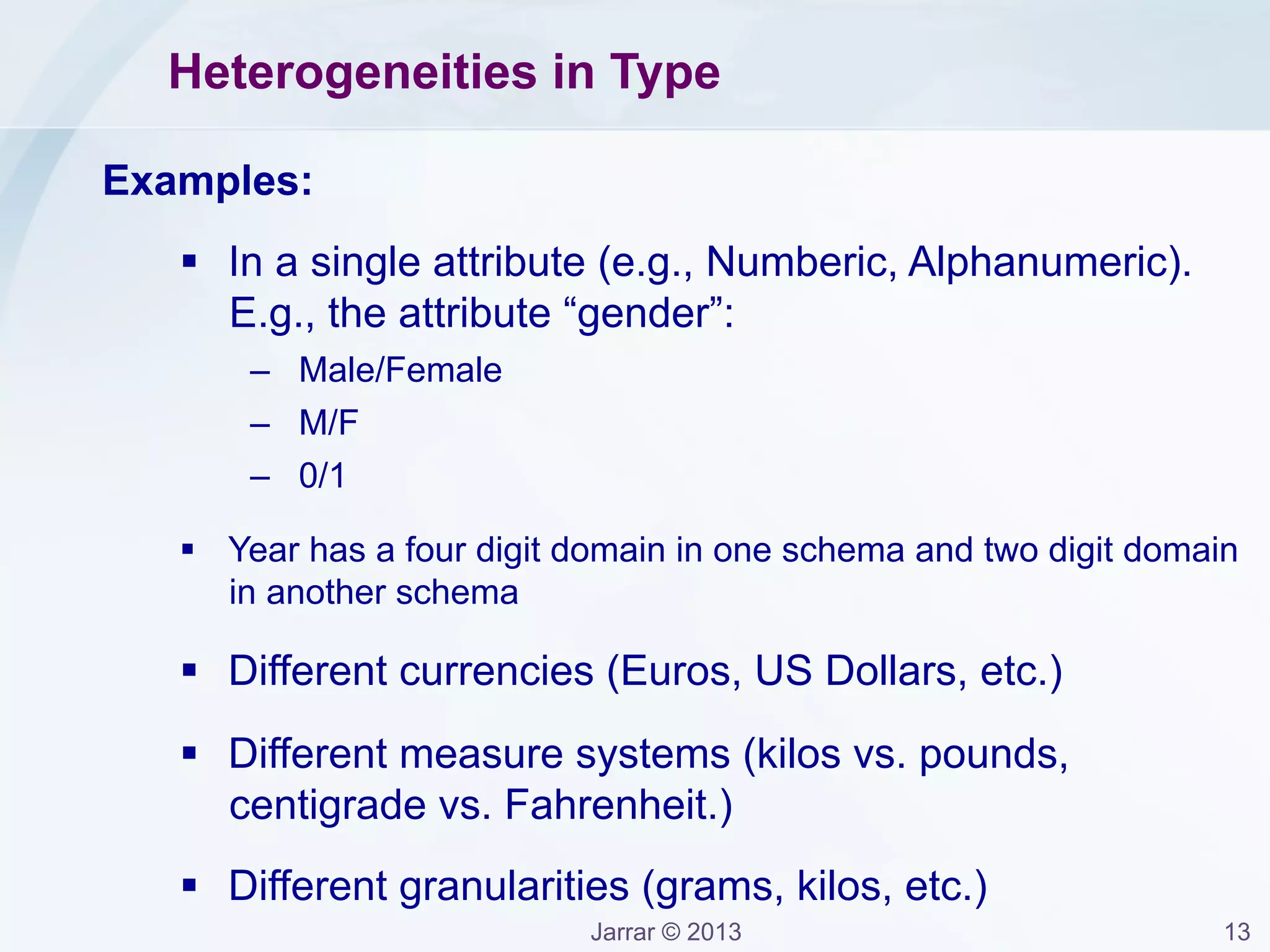 Jarrar © 2013 13
Heterogeneities in Structure
EXAMPLES:
PUBLISHERBOOKBOOK
PUBLISHER
EMPLOYEE
DEPARTMENT
PROJECT
EMPLOYEE
PROJECT
Source: Carlo Batini
Person
WOMANMAN
GENDER
Person
 