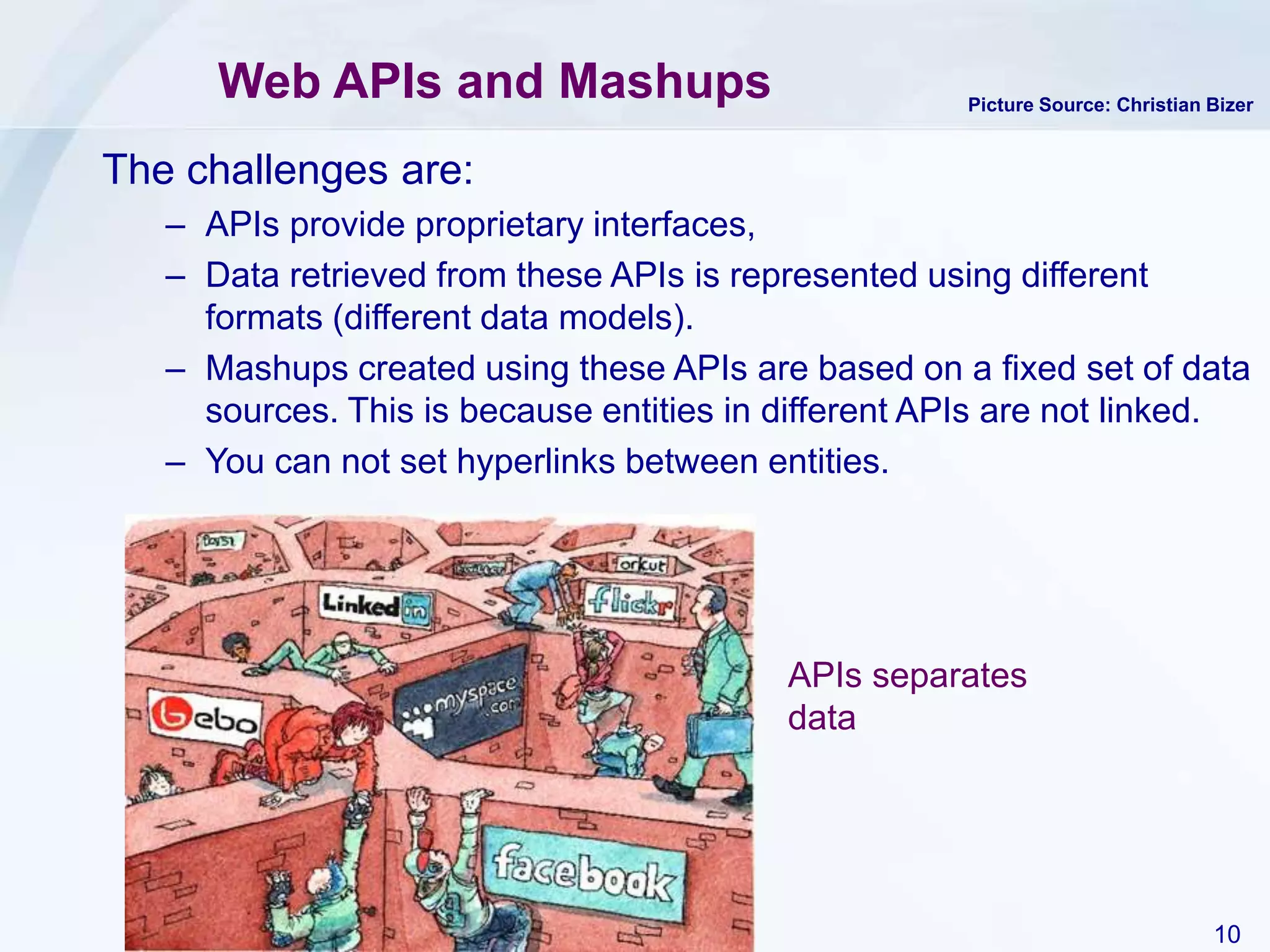 10PalGov © 2013
Web APIs and Mashups
The challenges are:
– APIs provide proprietary interfaces,
– Data retrieved from these APIs is represented using different
formats (different data models).
– Mashups created using these APIs are based on a fixed set of data
sources. This is because entities in different APIs are not linked.
– You can not set hyperlinks between entities.
APIs separates
data
Picture Source: Christian Bizer
 