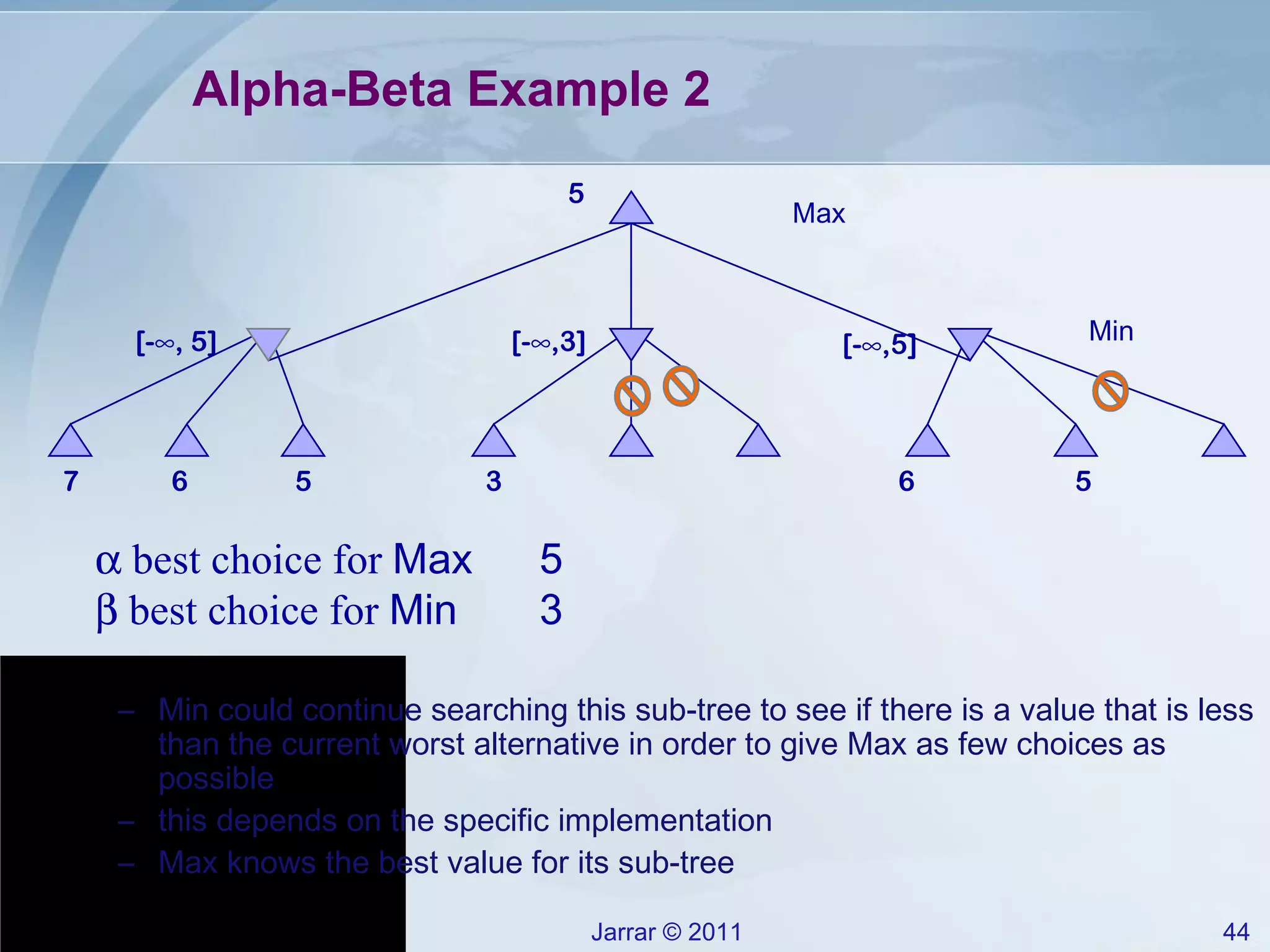 Alpha-Beta Example 2 Max Min [-∞, 5] 5  best choice for  Max 5    best choice for  Min 3 7 6 5 Min could continue searching this sub-tree to see if there is a value that is less than the current worst alternative in order to give Max as few choices as possible this depends on the specific implementation Max knows the best value for its sub-tree  [-∞,3] 3 [-∞,5] 6 5 
