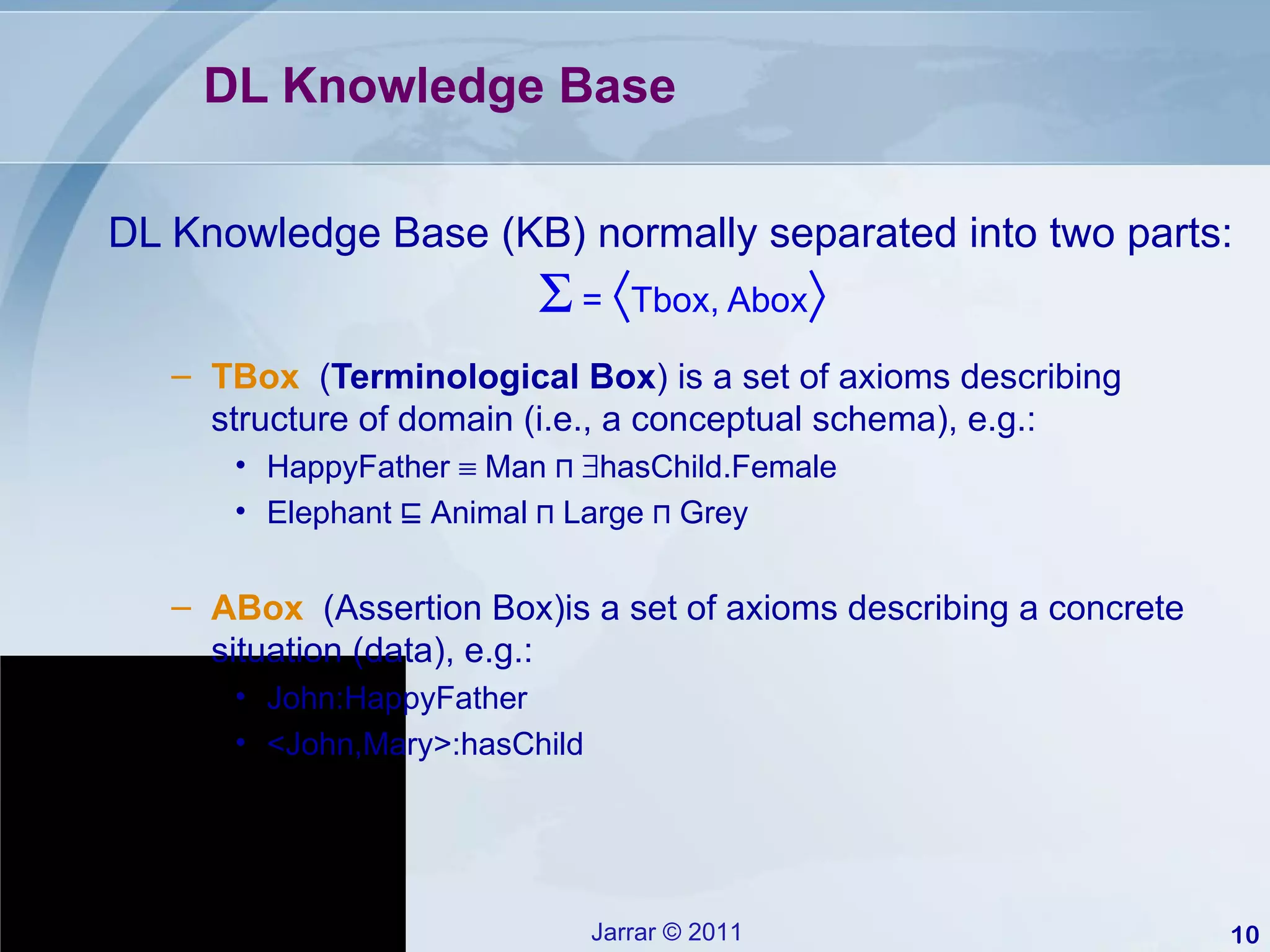 DL Knowledge Base DL Knowledge Base (KB) normally separated into two parts:    =   Tbox, Abox  TBox   ( Terminological Box ) is a set of axioms describing structure of domain (i.e., a conceptual schema), e.g.: HappyFather    Man  ⊓    hasChild.Female Elephant  ⊑  Animal  ⊓  Large  ⊓  Grey ABox   (Assertion Box)is a set of axioms describing a concrete situation (data), e.g.: John:HappyFather <John,Mary>:hasChild 