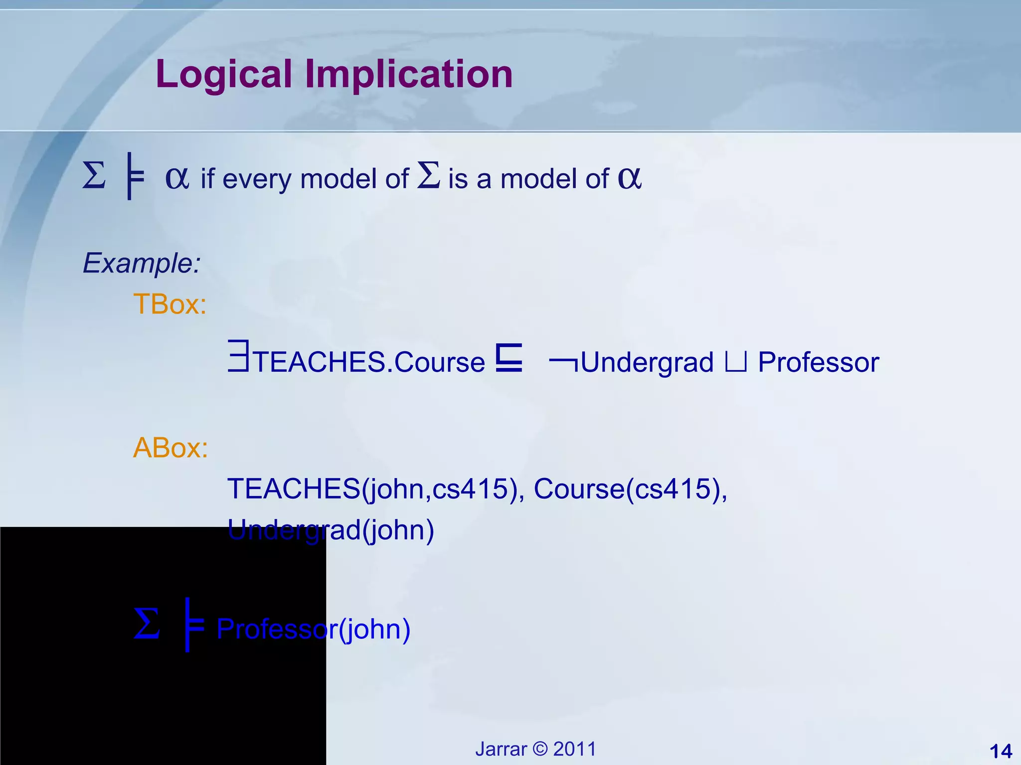 Logical Implication    ╞      if every model of    is a model of   Example: TBox:  TEACHES.Course  ⊑    Undergrad  ⊔  Professor ABox: TEACHES(john,cs415), Course(cs415), Undergrad(john)    ╞   Professor(john) 