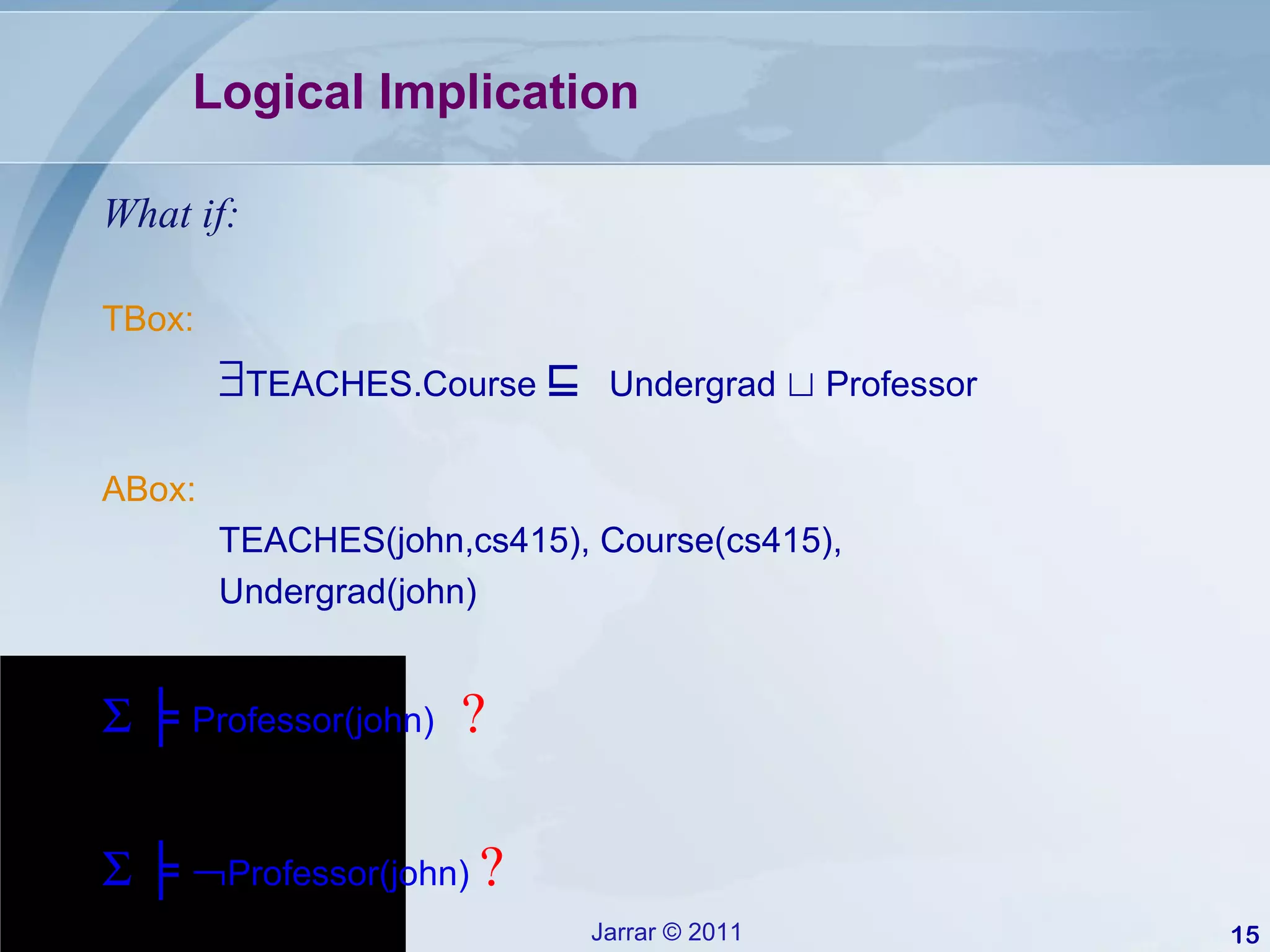 Logical Implication What if: TBox:  TEACHES.Course  ⊑   Undergrad  ⊔  Professor ABox: TEACHES(john,cs415), Course(cs415), Undergrad(john)    ╞   Professor(john)   ?    ╞    Professor(john)  ? 