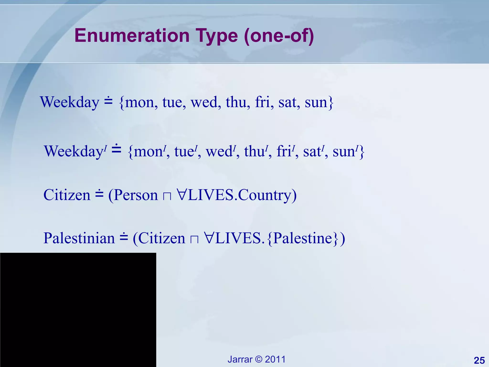 Enumeration Type (one-of) Weekday ≐ {mon, tue, wed, thu, fri, sat, sun} Weekday I   ≐  {mon I , tue I , wed I , thu I , fri I , sat I , sun I } Citizen ≐ (Person  ⊓    LIVES.Country) Palestinian ≐ (Citizen  ⊓    LIVES.{Palestine}) 