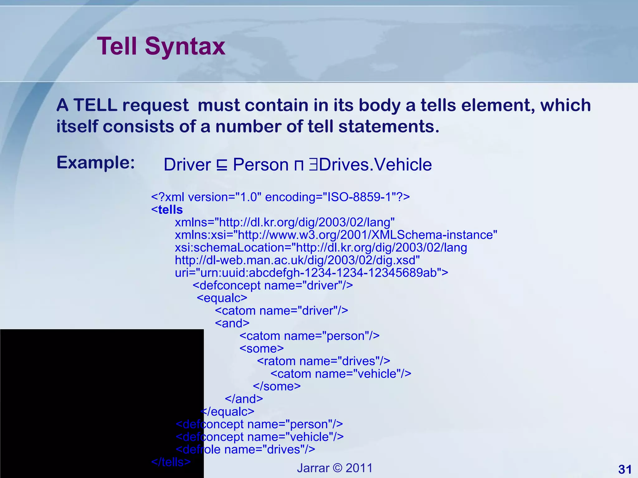 Tell Syntax <?xml version=&quot;1.0&quot; encoding=&quot;ISO-8859-1&quot;?> < tells xmlns=&quot;http://dl.kr.org/dig/2003/02/lang&quot; xmlns:xsi=&quot;http://www.w3.org/2001/XMLSchema-instance&quot; xsi:schemaLocation=&quot;http://dl.kr.org/dig/2003/02/lang http://dl-web.man.ac.uk/dig/2003/02/dig.xsd&quot; uri=&quot;urn:uuid:abcdefgh-1234-1234-12345689ab&quot;>   <defconcept name=&quot;driver&quot;/> <equalc> <catom name=&quot;driver&quot;/> <and>   <catom name=&quot;person&quot;/>   <some>   <ratom name=&quot;drives&quot;/> <catom name=&quot;vehicle&quot;/> </some> </and> </equalc> <defconcept name=&quot;person&quot;/> <defconcept name=&quot;vehicle&quot;/> <defrole name=&quot;drives&quot;/> </tells> A TELL request  must contain in its body a tells element, which itself consists of a number of tell statements. Example: Driver  ⊑ Person ⊓   Drives.Vehicle 
