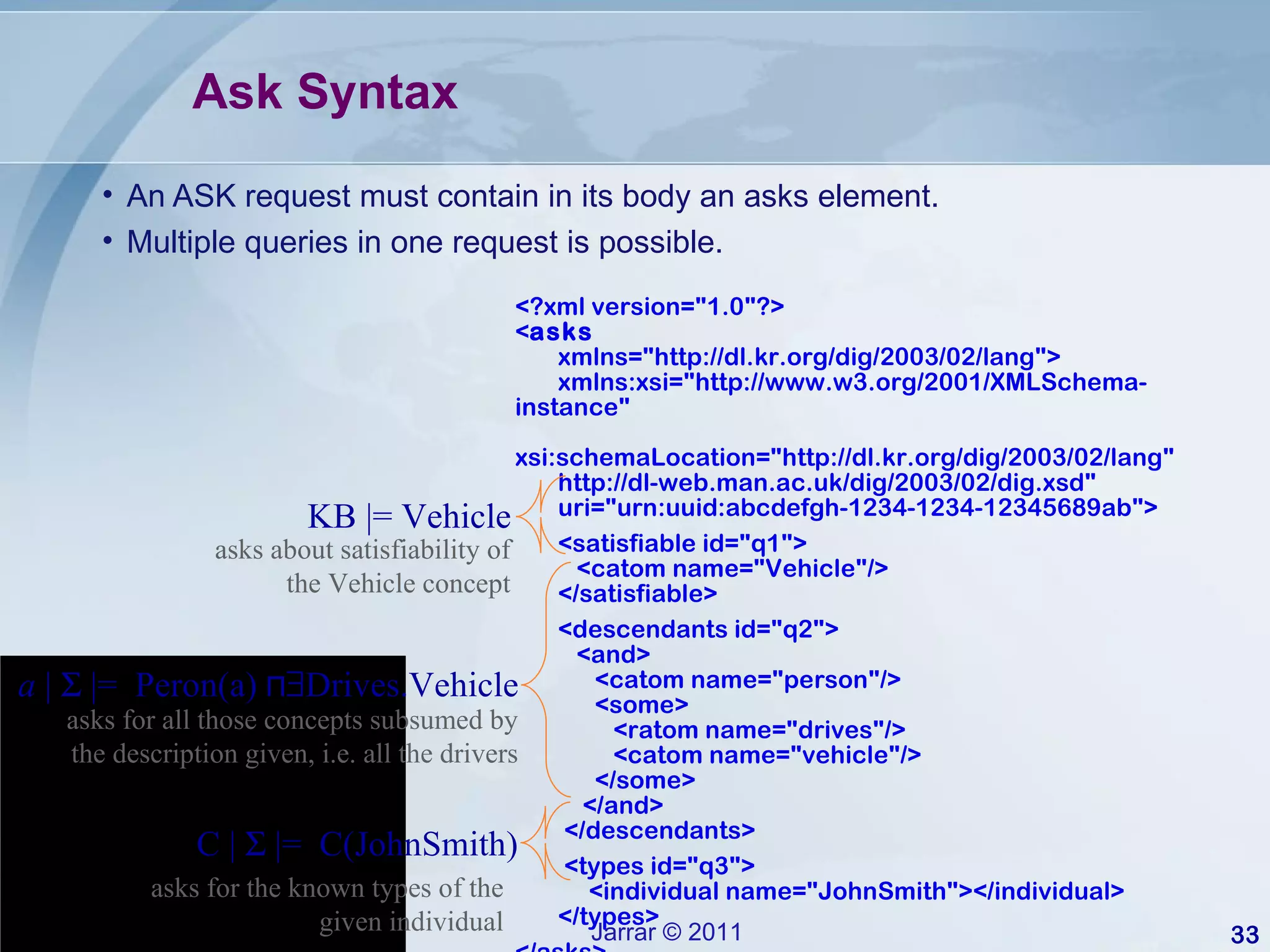 Ask Syntax An ASK request must contain in its body an asks element. Multiple queries in one request is possible. <?xml version=&quot;1.0&quot;?> < asks xmlns=&quot;http://dl.kr.org/dig/2003/02/lang&quot;> xmlns:xsi=&quot;http://www.w3.org/2001/XMLSchema-instance&quot; xsi:schemaLocation=&quot;http://dl.kr.org/dig/2003/02/lang&quot; http://dl-web.man.ac.uk/dig/2003/02/dig.xsd&quot; uri=&quot;urn:uuid:abcdefgh-1234-1234-12345689ab&quot;> <satisfiable id=&quot;q1&quot;> <catom name=&quot;Vehicle&quot;/> </satisfiable> <descendants id=&quot;q2&quot;> <and> <catom name=&quot;person&quot;/> <some> <ratom name=&quot;drives&quot;/> <catom name=&quot;vehicle&quot;/> </some> </and> </descendants> <types id=&quot;q3&quot;> <individual name=&quot;JohnSmith&quot;></individual> </types> </asks> KB |= Vehicle  asks about satisfiability of the Vehicle concept asks for all those concepts subsumed by the description given, i.e. all the drivers a  |    |=  Peron(a) ⊓  Drives.Vehicle asks for the known types of the given individual C |    |=  C(JohnSmith) 