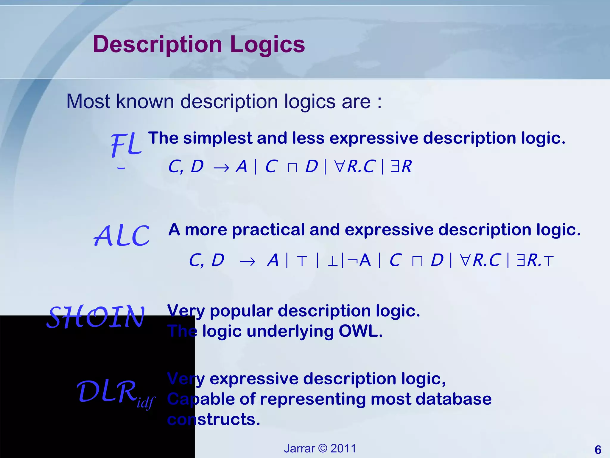 Most known description logics are : Description Logics  A more practical and expressive description logic. C, D     A  | ⊤ | ⊥|¬A |  C   ⊓  D  |   R.C  |   R. ⊤ ALC Very expressive description logic,  Capable of representing most database constructs. DLR idf Very popular description logic. The logic underlying OWL. SHOIN The simplest and less expressive description logic. C, D     A  |  C   ⊓   D  |   R.C  |   R   FL¯ 