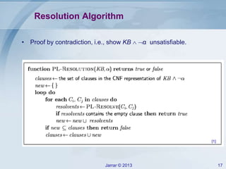 Jarrar © 2013 17
Resolution Algorithm
• Proof by contradiction, i.e., show KB  α unsatisfiable.
[1]
 