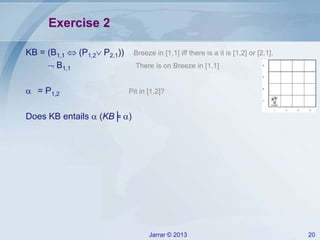 Jarrar © 2013 20
Exercise 2
KB = (B1,1  (P1,2 P2,1)) Breeze in [1,1] iff there is a it is [1,2] or [2.1].
 B1,1 There is on Breeze in [1,1]
 = P1,2 Pit in [1,2]?
Does KB entails  (KB╞ )
 