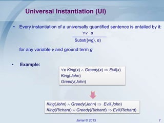Jarrar © 2013 7
Universal Instantiation (UI)
• Every instantiation of a universally quantified sentence is entailed by it:
v α
Subst({v/g}, α)
for any variable v and ground term g
King(John)  Greedy(John)  Evil(John)
King(Richard)  Greedy(Richard)  Evil(Richard)
x King(x)  Greedy(x)  Evil(x)
King(John)
Greedy(John)
• Example:
 