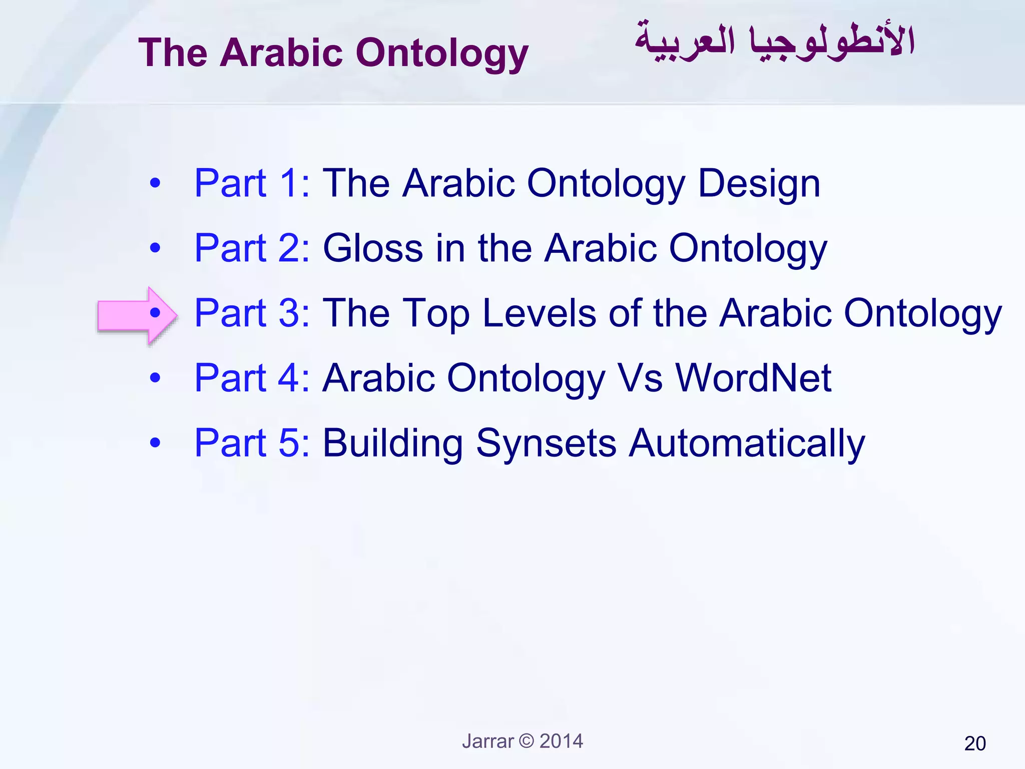 Jarrar © 2015 20
The Core (Top Levels) of the Arabic Ontology
Top 3 levels shown here, for simplicity
‫الحدود‬‫العليا‬ : ‫هي‬‫العربية‬ ‫الكلمات‬ ‫لجميع‬ ‫المعاني‬ ‫أمهات‬
Arabic Core Ontology: the top levels of the Arabic Ontology - built manually,
and carefully considering the the philosophical and historical aspects of the
Arabic conceptsterms, as well as BFO and DOLCE upper level ontologies.
Different from the 25 unique beginners in WordNet
 