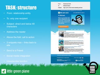 TASK: structure
•   From: relationship entity

• To: only one recipient

• Subject: direct and below 49
  characters

• Address the reader

• Above the fold: call to action

• 3 snippets max – links back to
  site

• Send to a Friend

• Social media integration

• Unsubscribe function
 