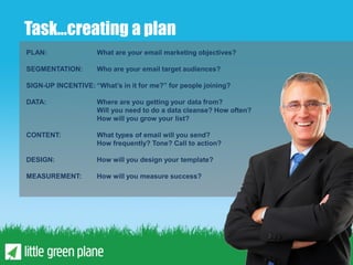Task…creating a plan
PLAN:                What are your email marketing objectives?

SEGMENTATION:        Who are your email target audiences?

SIGN-UP INCENTIVE: “What’s in it for me?” for people joining?

DATA:                Where are you getting your data from?
                     Will you need to do a data cleanse? How often?
                     How will you grow your list?

CONTENT:             What types of email will you send?
                     How frequently? Tone? Call to action?

DESIGN:              How will you design your template?

MEASUREMENT:         How will you measure success?
 