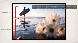 Only the surfer in the background is in focus = shallow focusOnly the surfer in the background is in focus = shallow focus
Narrow/shallowNarrow/shallow depth of field (small f-stop number)depth of field (small f-stop number)
In focus
Out-of-focus
 