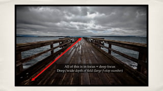All of this is in focus = deep focusAll of this is in focus = deep focus
Deep/wideDeep/wide depth of field (large f-stop number)depth of field (large f-stop number)
 