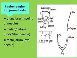 ● ujung jarum (point
of needle)
● badan/batang
(body/shat needle)
● mata jarum (eye
needle)
Bagian-bagian
dari jarum bedah
 