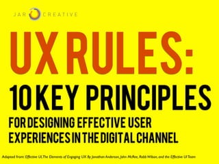 UX RULES:
    10 KEY PRINCIPLES
    FOR DESIGNING EFFECTIVE USER
    EXPERIENCES IN THE DIGITAL CHANNEL
Adapted from: Effective UI,The Elements of Engaging UX By Jonathan Anderson, John McRee, Robb Wilson, and the Effective UI Team
 