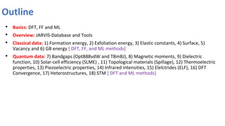 Outline
• Basics: DFT, FF and ML
• Overview: JARVIS-Database and Tools
• Classical data: 1) Formation energy, 2) Exfoliati...