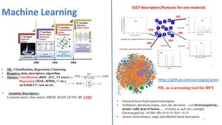 Machine Learning
8
1557 descriptors/features for one material
• Classical force-field inspired descriptors
• Arithmetic op...