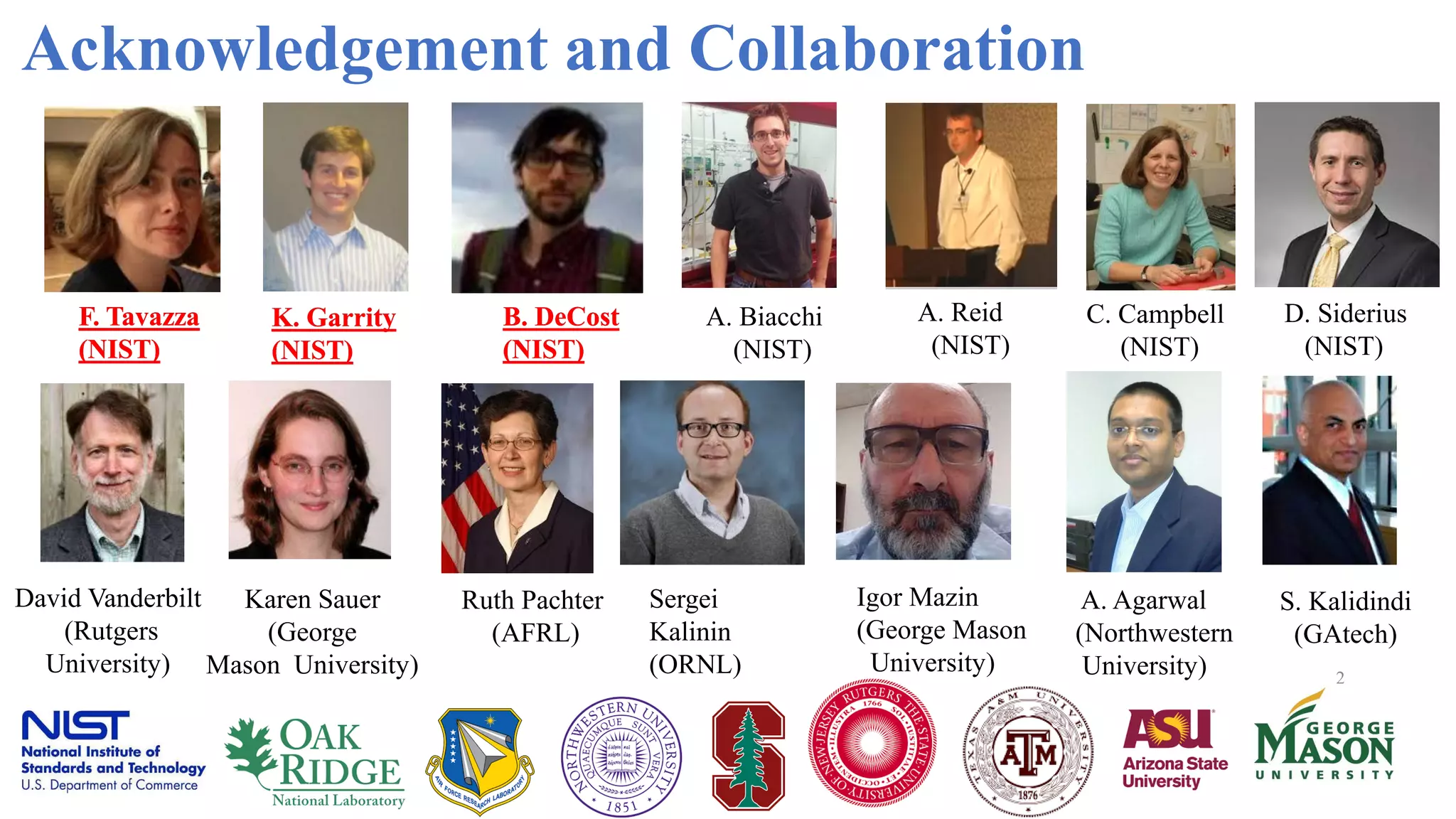 Acknowledgement and Collaboration
2
F. Tavazza
(NIST)
C. Campbell
(NIST)
A. Reid
(NIST)
A. Biacchi
(NIST)
B. DeCost
(NIST)
Igor Mazin
(George Mason
University)
A. Agarwal
(Northwestern
University)
S. Kalidindi
(GAtech)
D. Siderius
(NIST)
Ruth Pachter
(AFRL)
Karen Sauer
(George
Mason University)
K. Garrity
(NIST)
David Vanderbilt
(Rutgers
University)
Sergei
Kalinin
(ORNL)
F. Tavazza
(NIST)
B. DeCost
(NIST)
K. Garrity
(NIST)
 