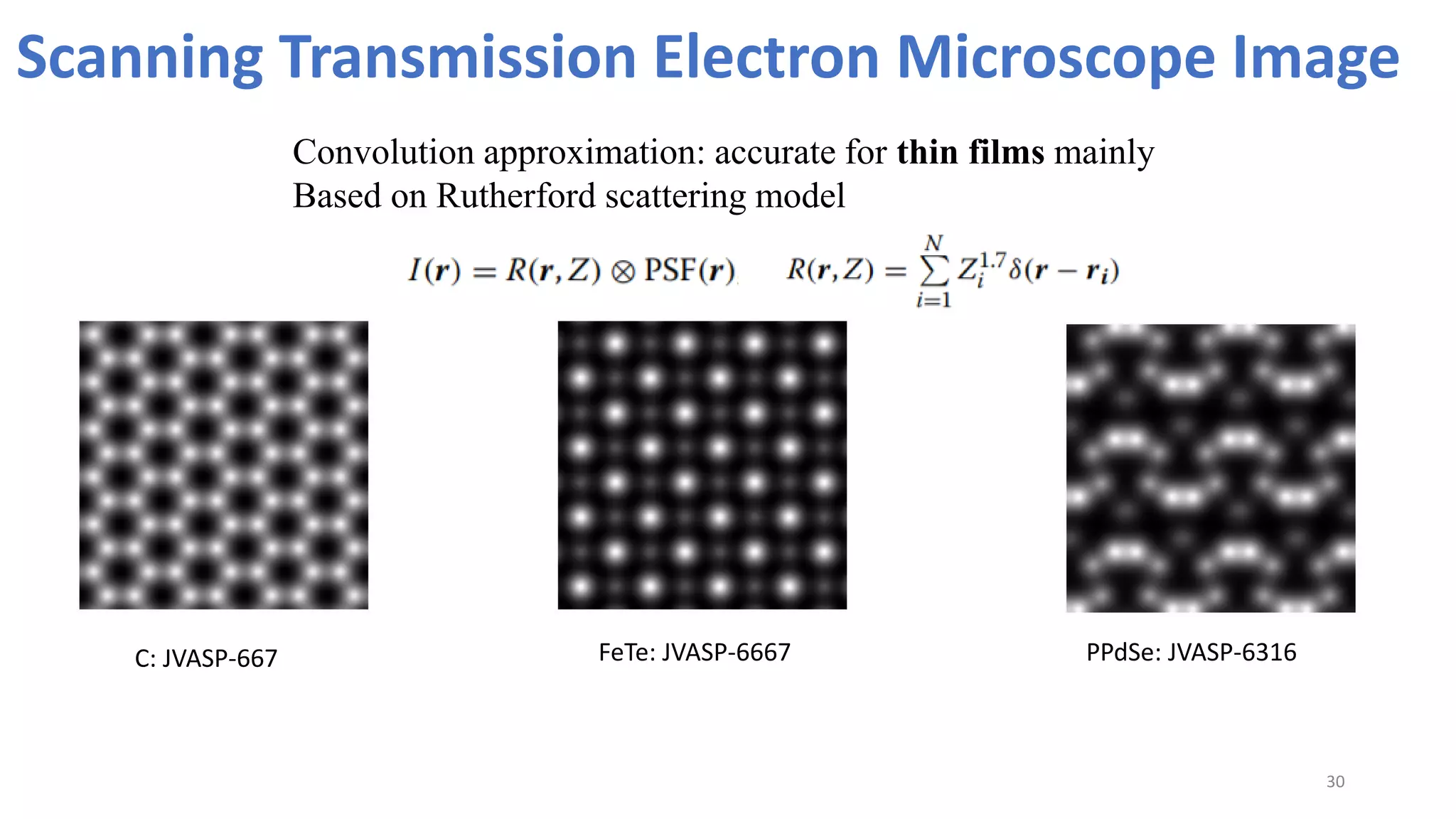 30
Scanning Transmission Electron Microscope Image
PPdSe: JVASP-6316
C: JVASP-667 FeTe: JVASP-6667
Convolution approximation: accurate for thin films mainly
Based on Rutherford scattering model
 