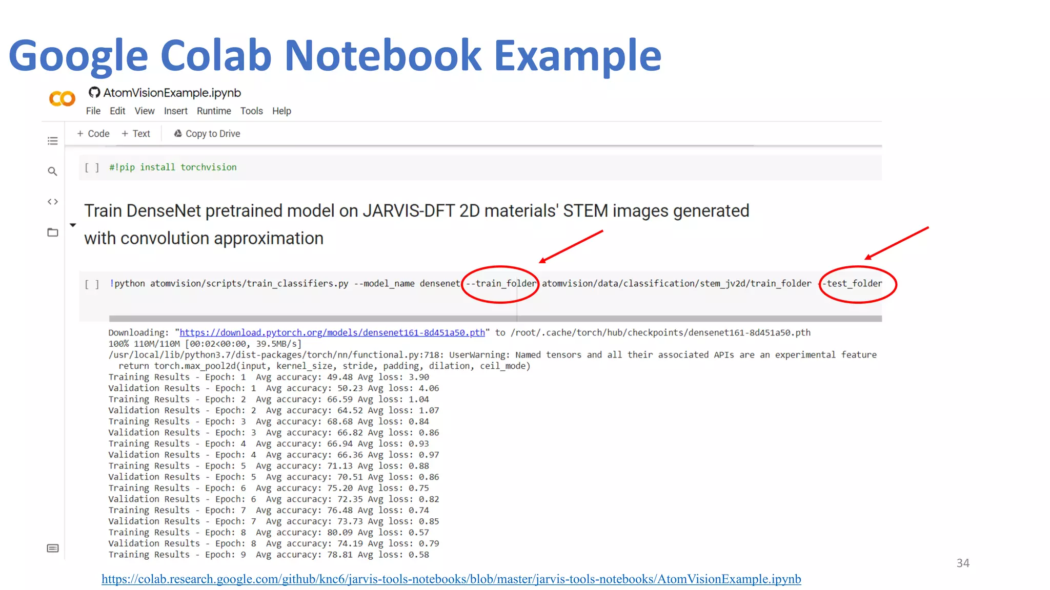 Google Colab Notebook Example
34
https://colab.research.google.com/github/knc6/jarvis-tools-notebooks/blob/master/jarvis-tools-notebooks/AtomVisionExample.ipynb
 